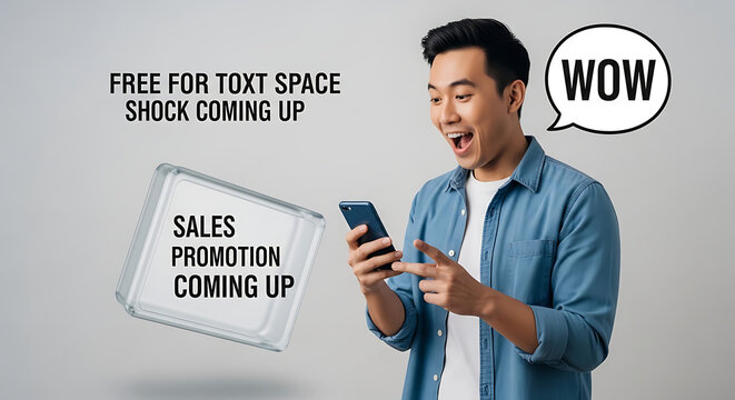 Excited young man looking at smartphone, notification bubble with "WOW", 3D element with "SALES PROMOTION COMING UP" and "FREE FOR TEXT SPACE", grey background