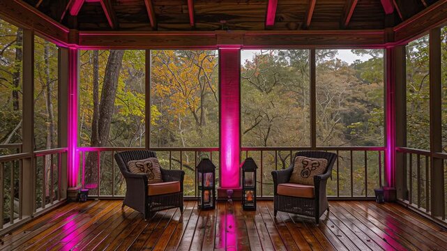 Outdoor gazebo with chairs and decorative lighting in a natural setting