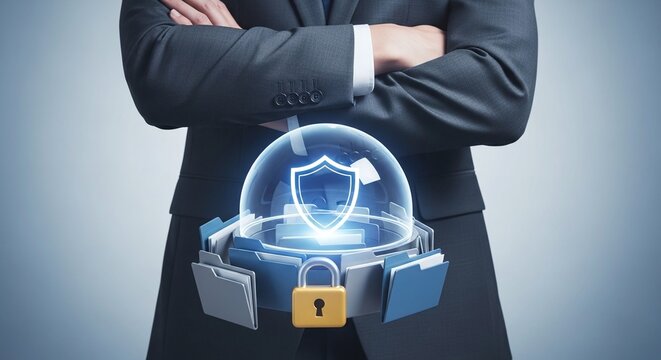 Protecting sensitive information and digital assets with a secure shield, lock, and folders, representing cybersecurity and data protection