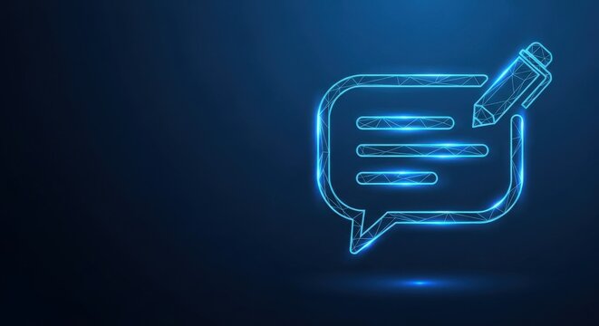 Glowing blue polygonal chat bubble icon representing digital communication and online messaging, isolated on dark background