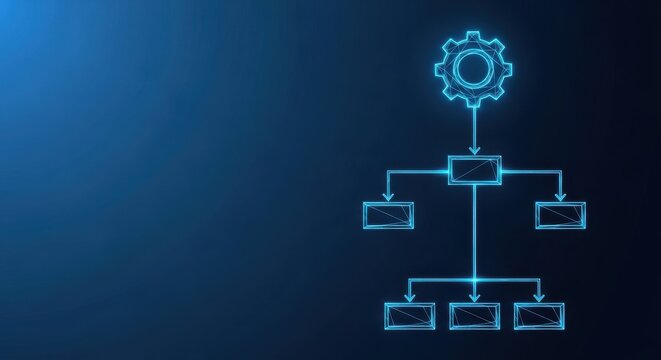 Digital Flowchart Diagram with Gear Icon Representing Technological Process and System Connections