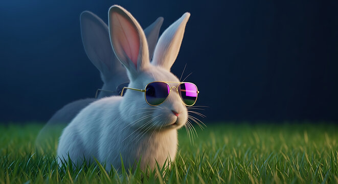 Fluffy white rabbit wearing sunglasses, with a ghosted silhouette in the background, standing in green grass under soft lighting, whimsical and cool mood