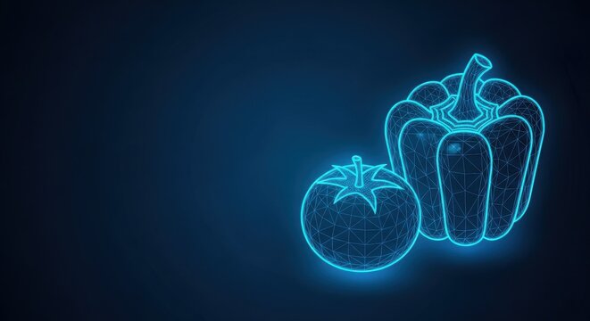 Neon wireframe tomato and bell pepper illuminated against a dark digital background