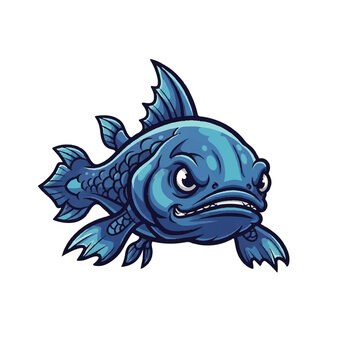 Angry blue cartoon fish with sharp teeth and fins.