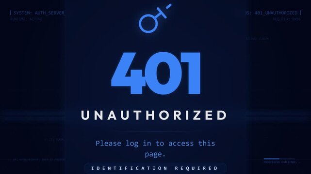 A futuristic 401 unauthorized access error screen with data HUD elements and blue tech background for cyber security and network failure concepts.