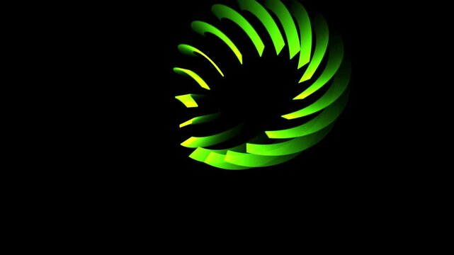 Abstract green and yellow gradient 3D spiral rotating. Modern geometric ribbon motion graphic on black background.