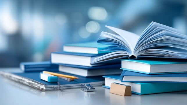 Arrangement of School Supplies Including Open Textbooks and Stationery Items