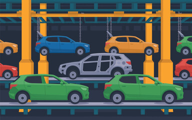 Fototapeta premium Cars are transported on a multi-level parking garage conveyor system