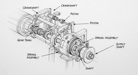 Obraz premium Detailed Technical Diagram of Engine Crankshaft Piston and Gear Assembly.