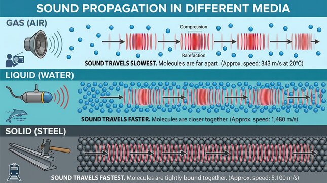Diagram Showing Sound Propagation Speeds in Air Water and Steel.