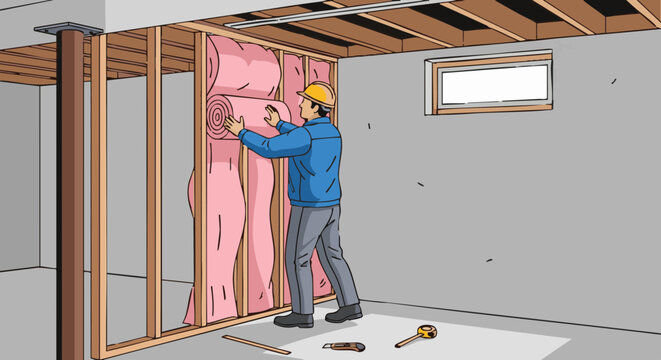 Construction worker installing pink fiberglass insulation in unfinished basement wall