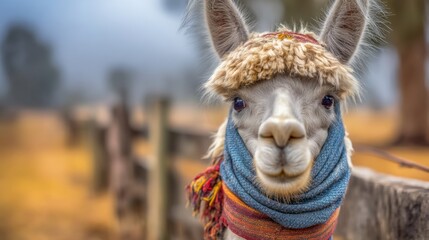 Fototapeta premium Cute Llama Wearing Decorative Textile Bands Around Its Body in Nature
