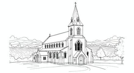 Obraz premium Perspective sketch of rural church building