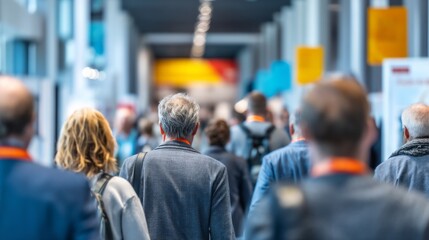 Fototapeta premium Attendees Walking Through a Modern Exhibition Center Hallway