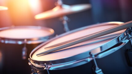 Obraz premium Close-Up of Drum Kit Setup with Drumsticks and Soft Lighting Effects