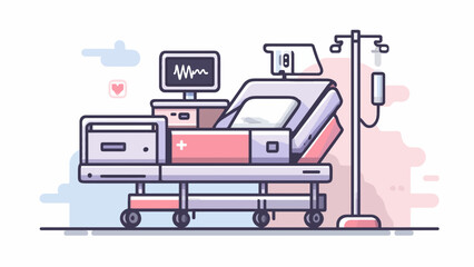 Fototapeta premium Intensive Care Unit Hospital Bed with Heart Rate Monitor and IV Drip Stand - Professional Medical Healthcare and Patient Recovery Illustration in Flat Graphic Style Isolated on White Background