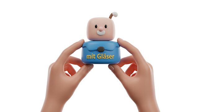 Hands holding a blue baby pacifier with text, isolated on white background, concept for infant care