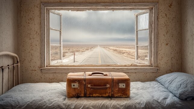 Weatherbeaten Satchel on Iron Bed Overlooking a Deserted Road