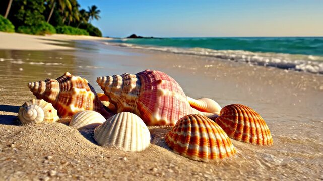 Various seashells including murex and cockle shells resting on a sandy tropical beach with soft white sea foam waves and palm trees under a clear blue sky during daytime.