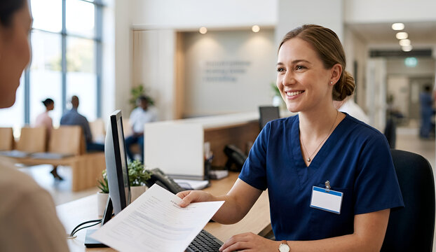 hospital receptionist wearing a hijab, offering friendly and warm service.