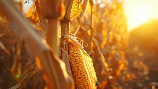 Close-up of a ripe corn stalk in a field, illuminated by the warm sunlight at sunset