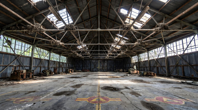 Hangar Pesawat Terbengkalai Luas dengan Arsitektur Industri