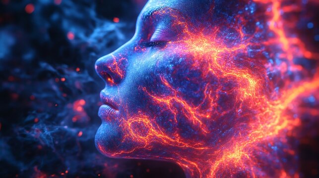Woman Face with Glowing Red Connections