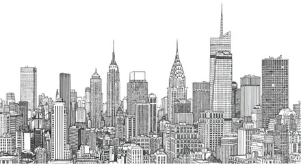 Naklejka premium Detailed city skyline skyscraper cluster sketch