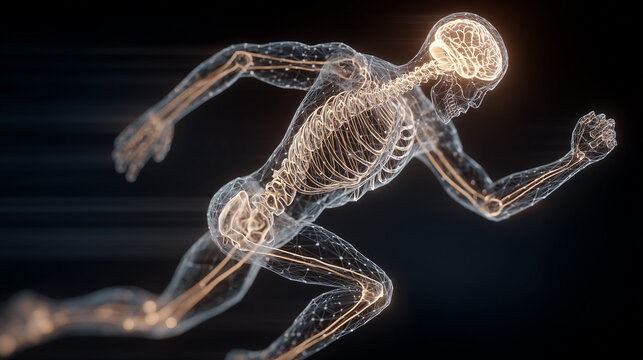 A transparent running human body with visible skeleton and brain representing sports medicine, human anatomy and peak physical performance.
