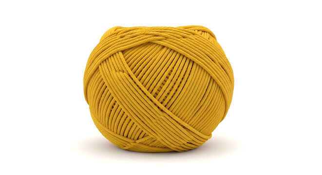 Isolated ball of thick yellow twine or rope, tightly wound for crafting or packaging, on a clean white background, highlighting texture and strength