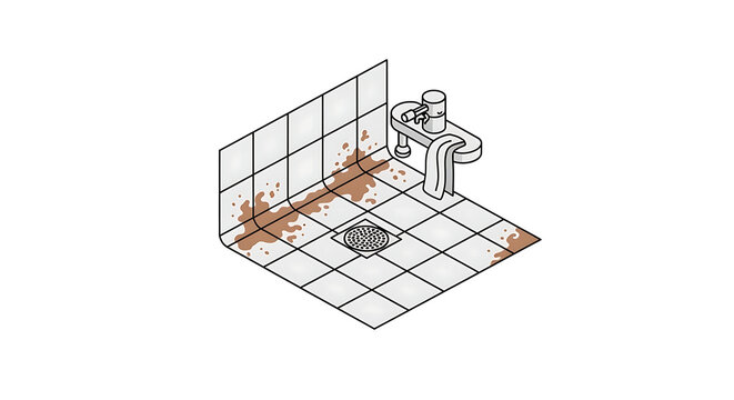 Isolated bathroom corner with tiled walls and floor, showing rust stains and a simple faucet fixture, isometric view