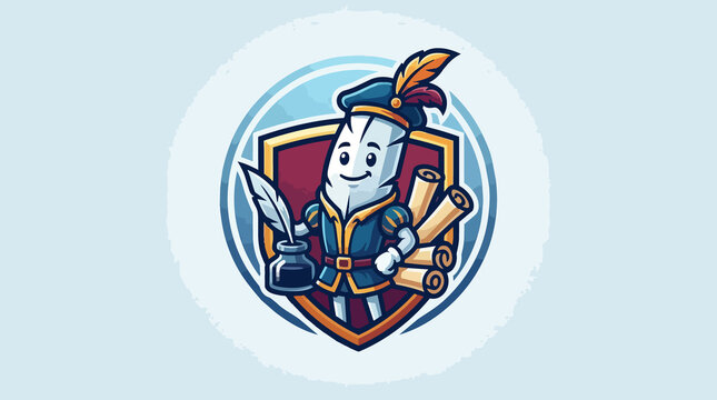 Cartoon quill mascot writing scrolls on shield emblem in vintage style illustration; medieval writer badge design for graphic resources