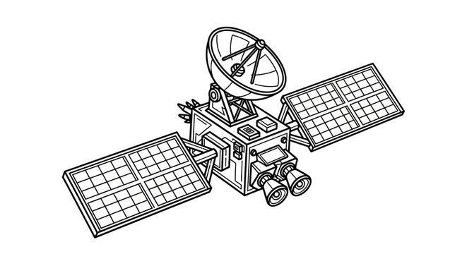 Modern communication satellite in orbit, vector line drawing. Spacecraft with solar panels and parabolic antenna for global data transmission.