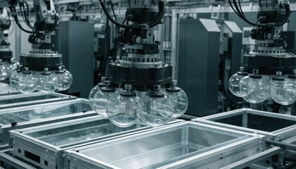 Obraz premium Medium shot focusing on robotic suction lifters assembling insulated glass units IGU into metal casings on a hightech production line.
