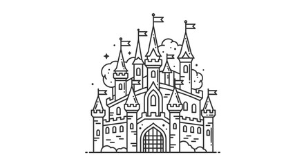 Fototapeta premium Detailed fantasy castle line art illustration with majestic spires, flags, and magical elements, perfect for fairytale concepts.