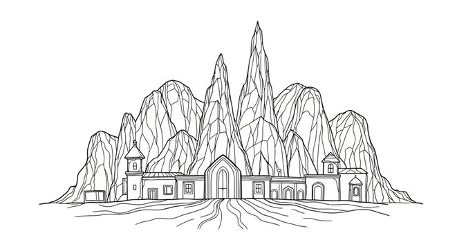 Detailed line art of a mystical mountain settlement or ancient city nestled within rugged, jagged peaks. Fantasy landscape outline.