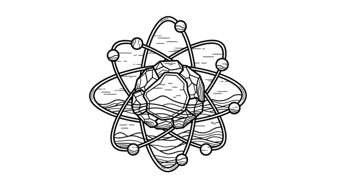 Detailed hand-drawn atom illustration featuring a textured rock nucleus, blending scientific concepts of physics, geology, and natural elements.
