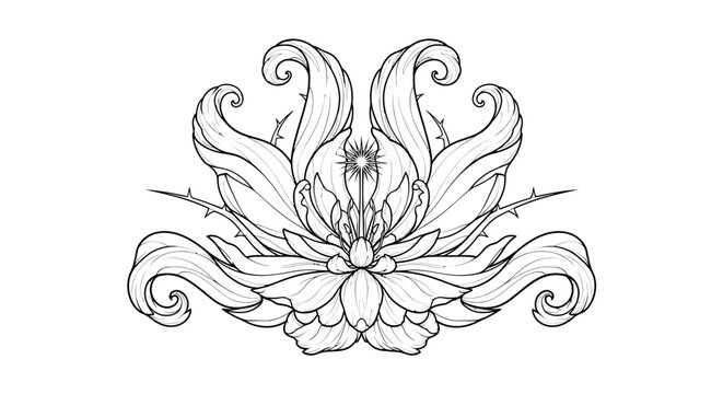 Intricate Symmetrical Fantasy Floral Design Line Art Illustration with Mystical Central Element and Thorns, Black and White Drawing