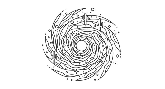 Minimalist desert vortex illustration with swirling lines, stylized cacti, and subtle stars. Abstract monochrome nature graphic.