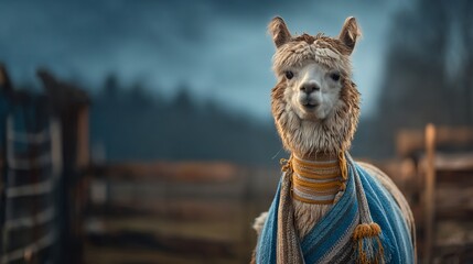 Fototapeta premium Adorable Alpaca Wearing Decorative Textile Bands Around Its Body