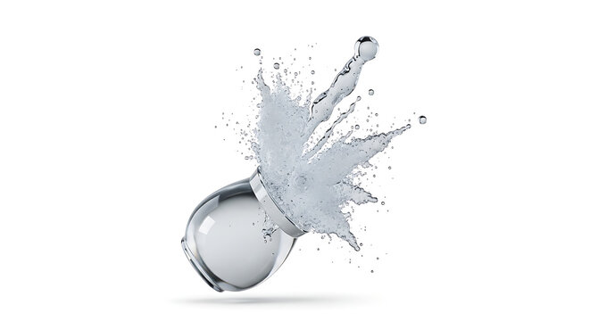 Isolated dynamic splash of white liquid exploding from a clear glass sphere, abstract energy and motion, clean background