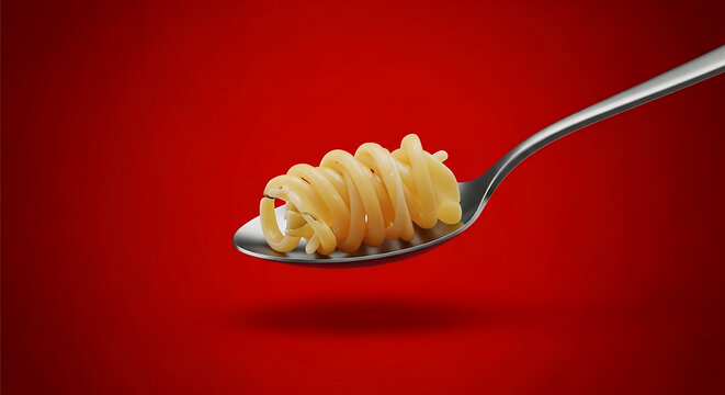 Isolated fusilli pasta on a spoon against a deep red gradient background, Italian food and cooking ingredient, detailed texture