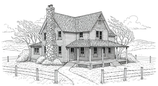 Rustic log cabin house with porch sketch