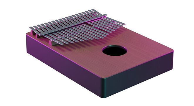 Isolated kalimba thumb piano with metal tines and wooden body, illuminated with purple and teal lighting, musical instrument
