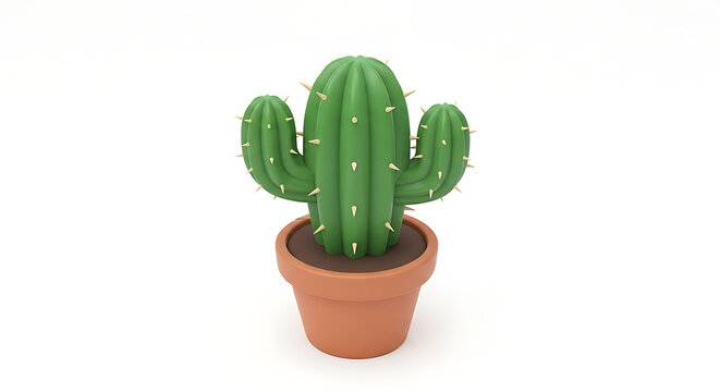 Isolated cartoon green saguaro cactus in a terra cotta pot, desert plant illustration, simple 3d rendering