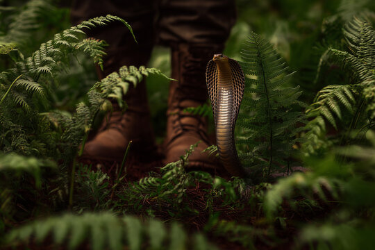 Encounter with a snake in the tropical jungle.