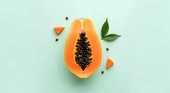 Pepaya potong segar dengan biji dan daun hijau di atas latar belakang pastel