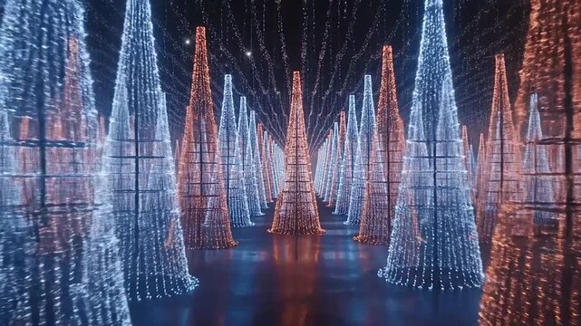 Abstract illuminated cone-shaped structures with a reflective surface and a dark background