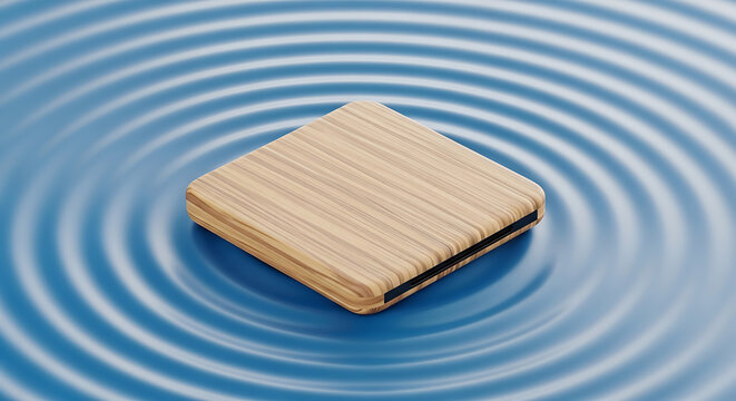Isolated square biscuit with black cream filling floating on blue rippled water surface, detailed texture