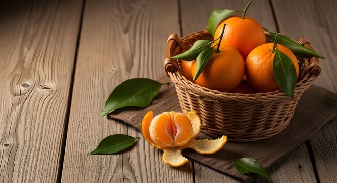 Buah jeruk segar di dalam keranjang anyaman dengan satu jeruk kupas di atas meja kayu